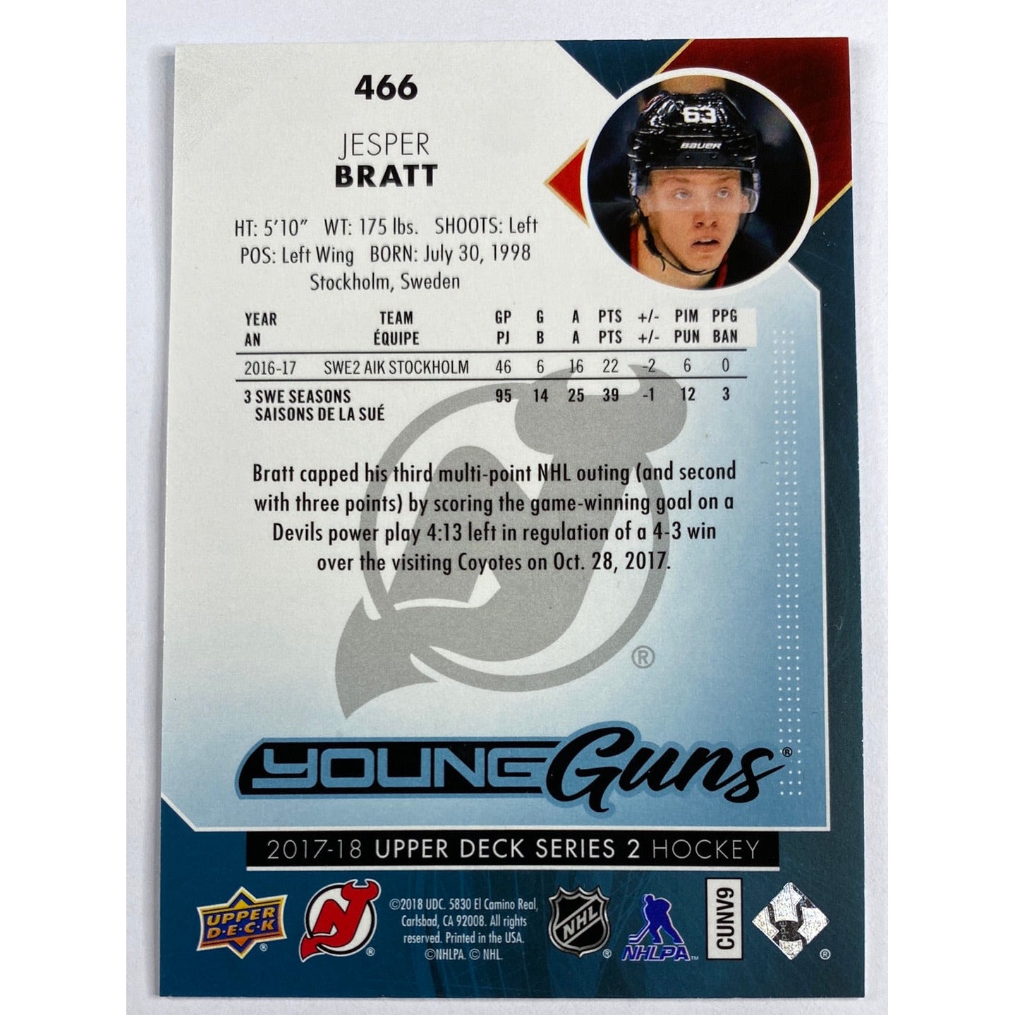 2017-18 Series 2 Jesper Bratt Young Guns