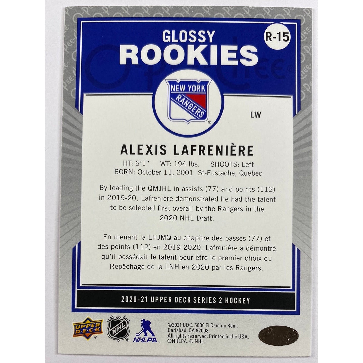 2020-21 Upper Deck Series 2 Alexis Lafreniere Gold Glossy Rookies | Local Legends Cards & Collectibles