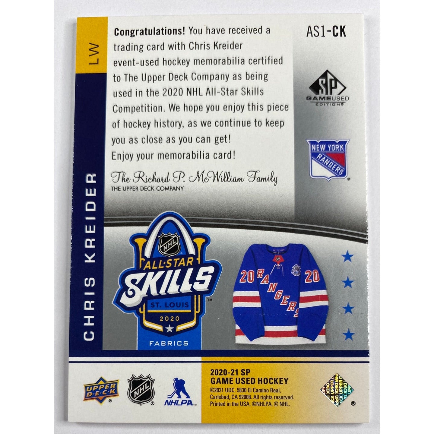 2020-21 SP Game Used Chris Kreider All Star Skills Fabrics | Local Legends Cards & Collectibles