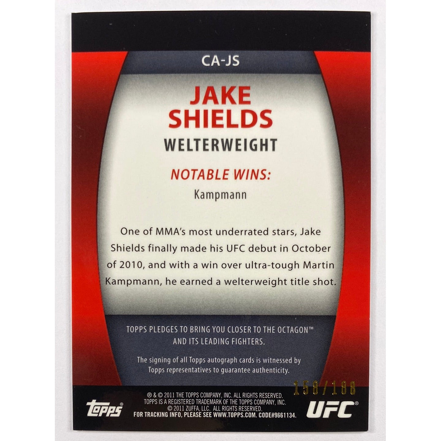 2010 Topps Jake Shields Rookie Auto /188