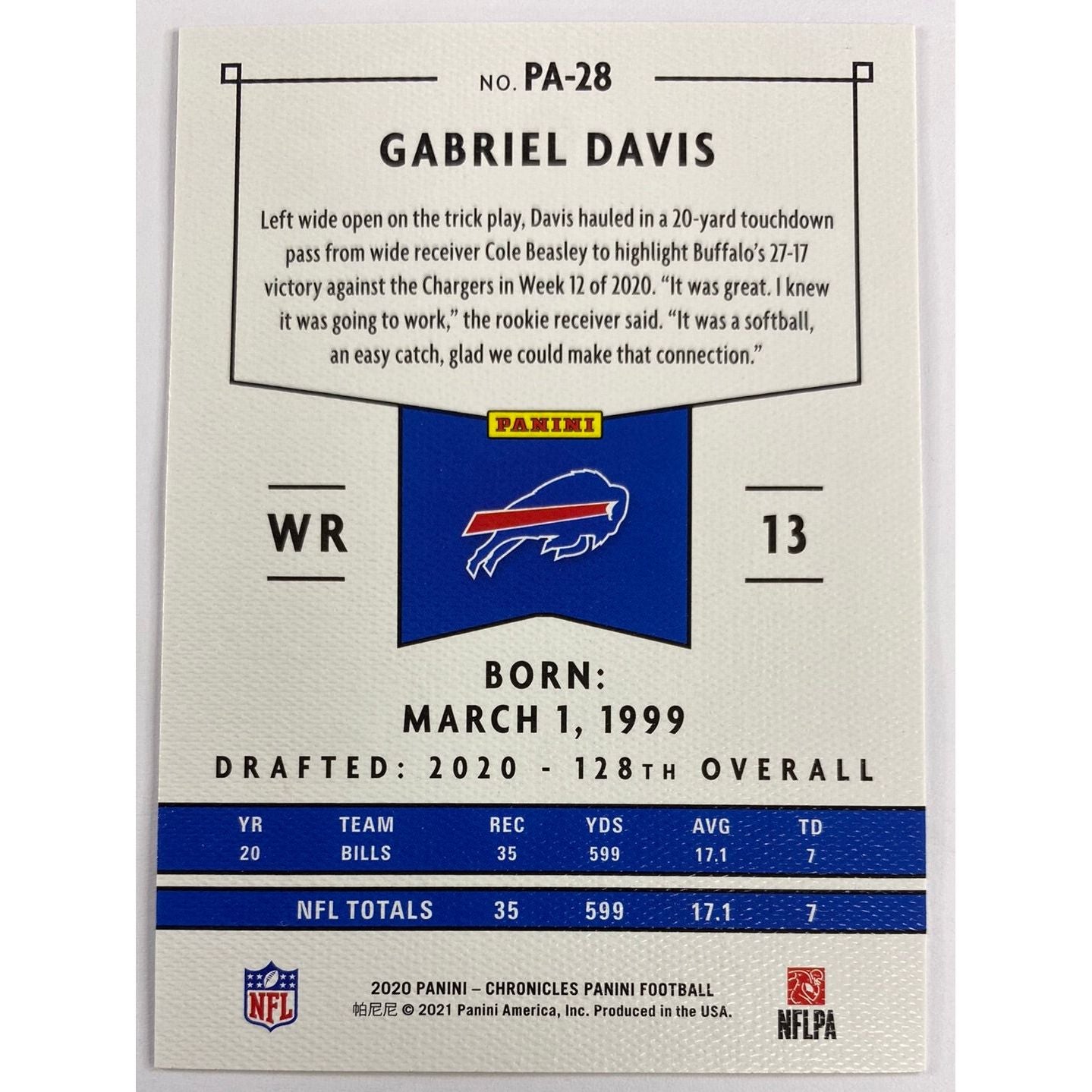 2020 Chronicles Gabriel Davis RC | Local Legends Cards & Collectibles