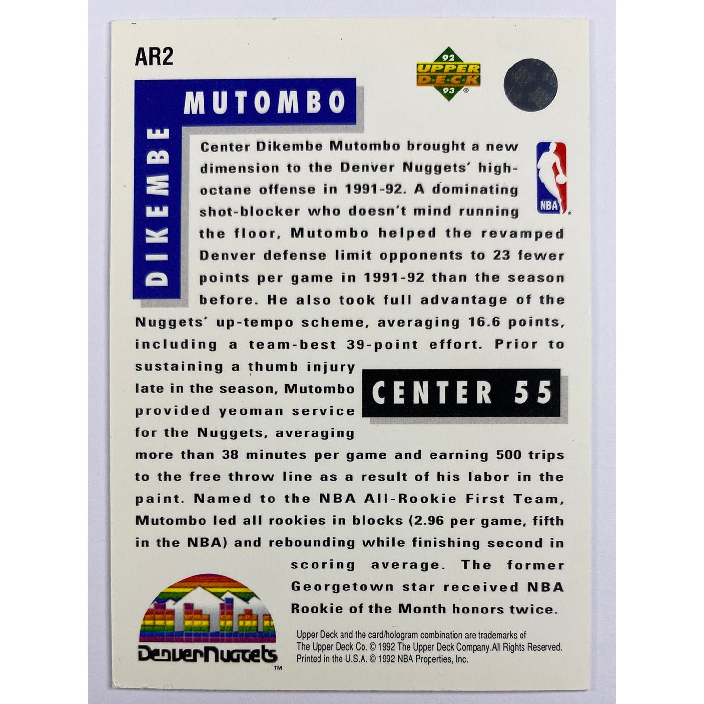 1992 Upper Deck Dikembe Mutombo All Rookie Team | Local Legends Cards & Collectibles