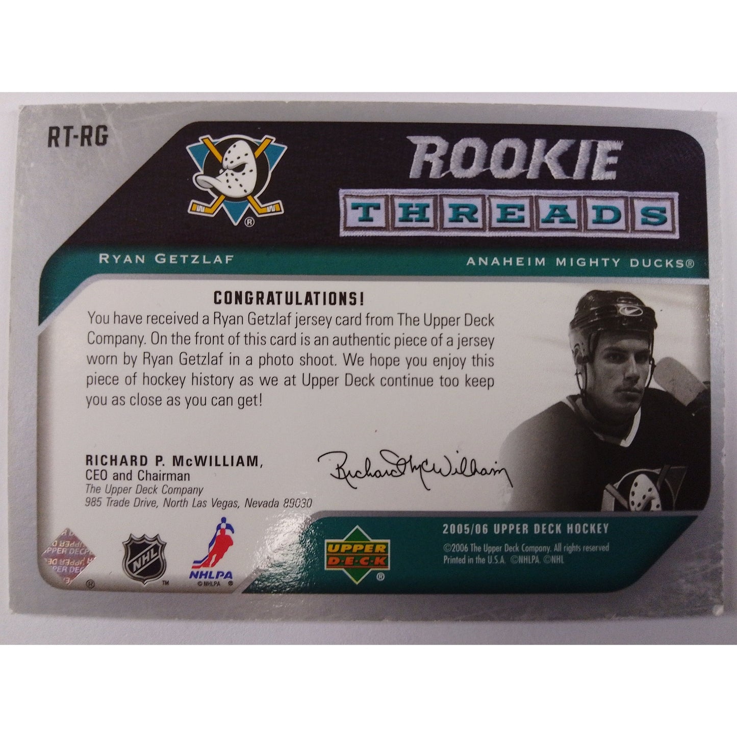 2005-06 Rookie Threads Ryan Getzlaf Jersey Patch | Local Legends Cards & Collectibles