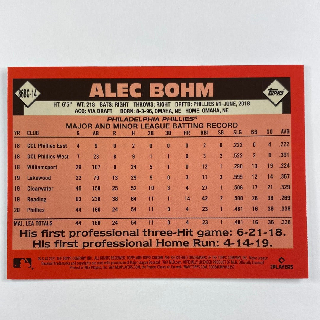 2021 Topps Chrome Alec Bohm Retro Refractor RC