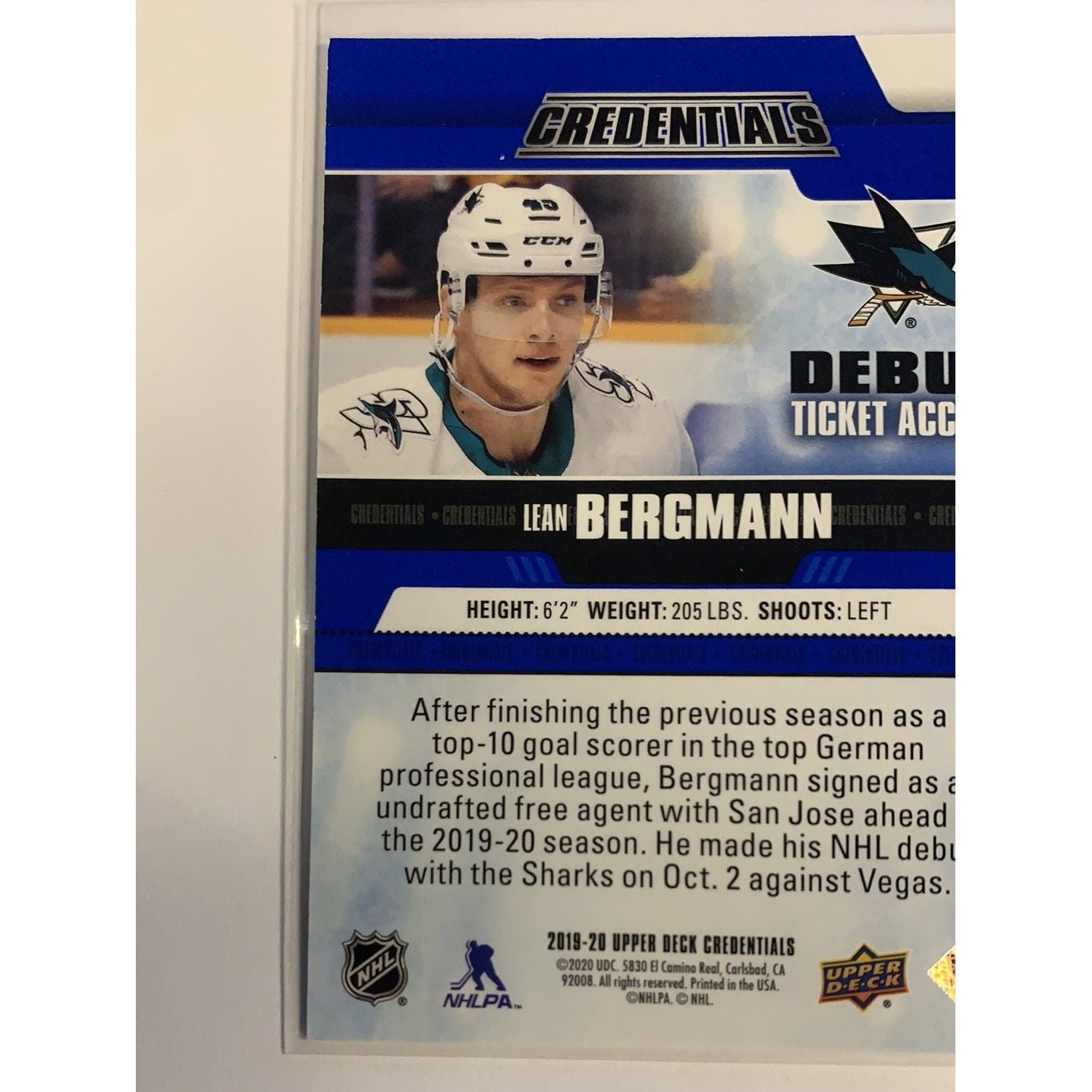 2019-20 Credentials Lean Bergmann Debut Ticket Access /699 | Local Legends Cards & Collectibles