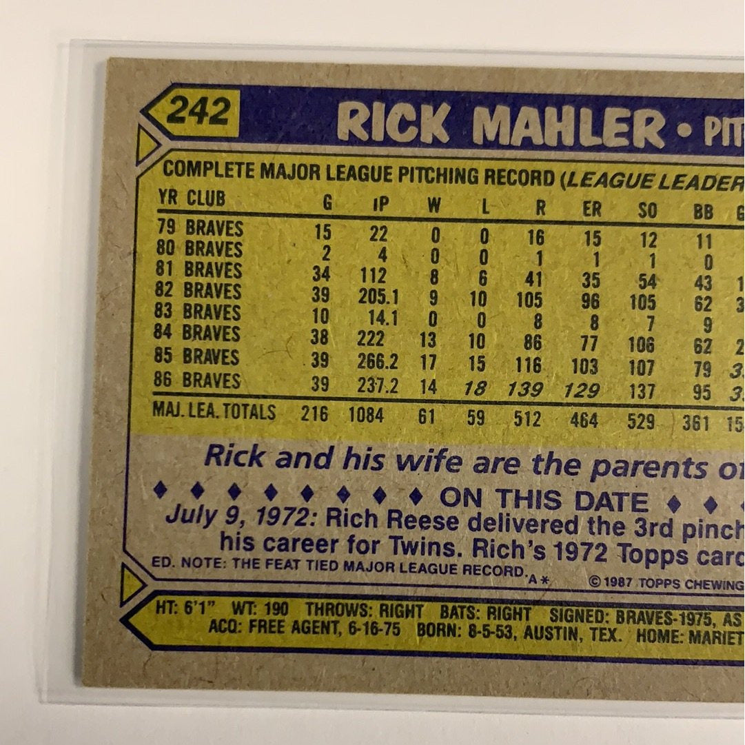 1987 Topps Rick Mahler #242 Local Legends Cards & Collectibles