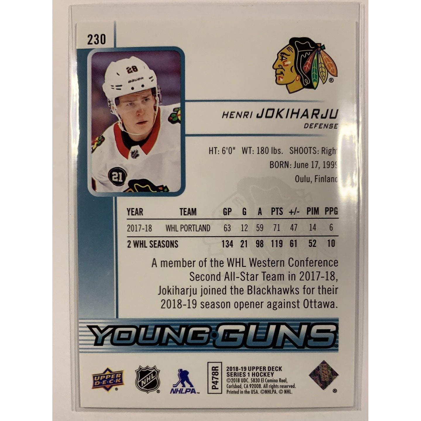 2018-19 Upper Deck Series 1 Henri Jokiharju Young Guns | Local Legends Cards & Collectibles