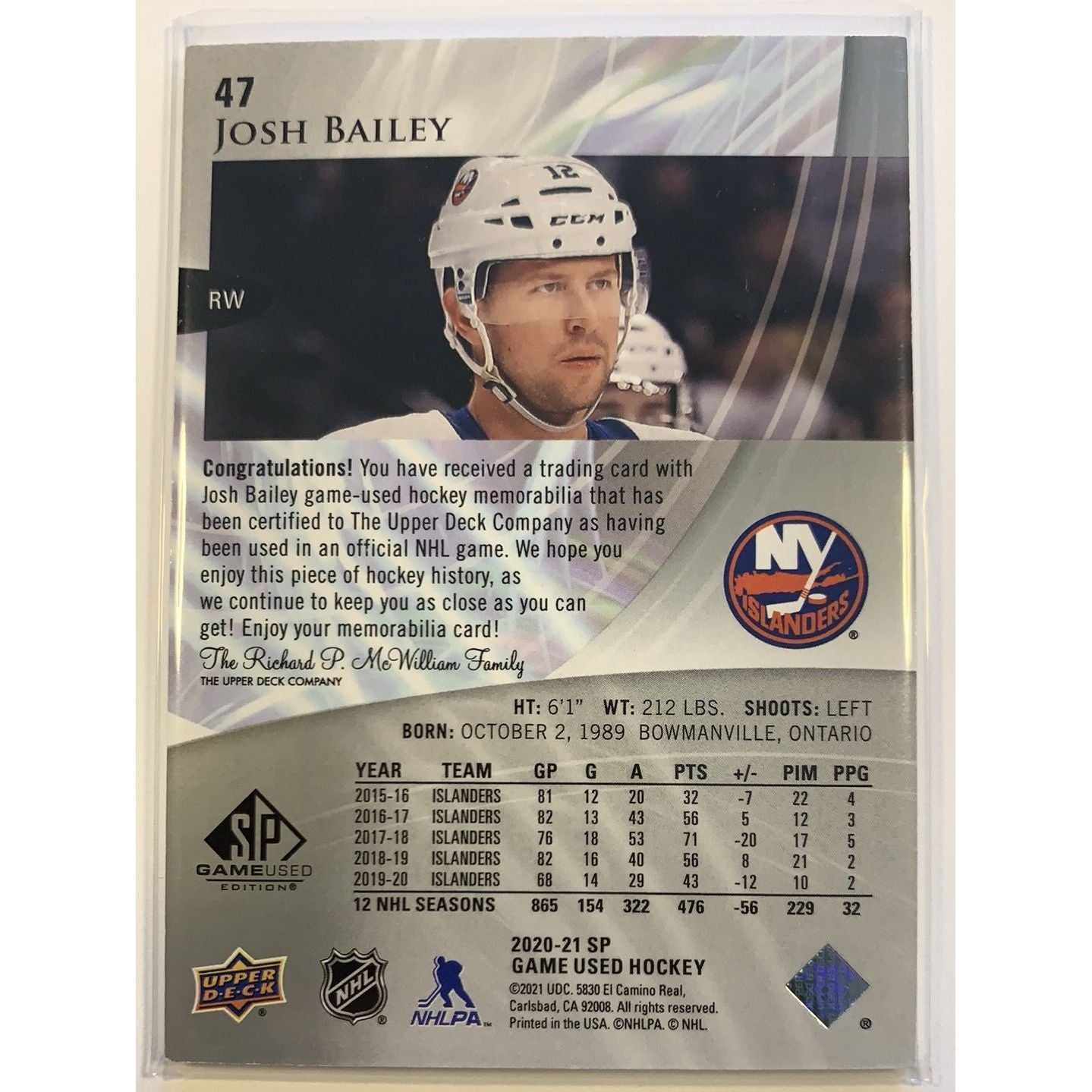 2020-21 SP Game Used Edition Josh Bailey Patch Card Local Legends Cards & Collectibles