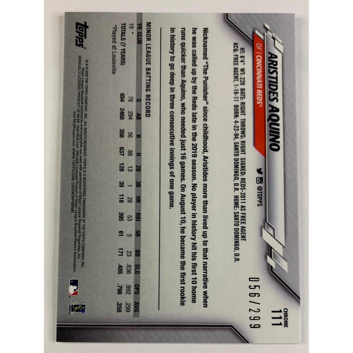 2020 Topps Chrome Aristides Aquino 56/299 RC | Local Legends Cards & Collectibles