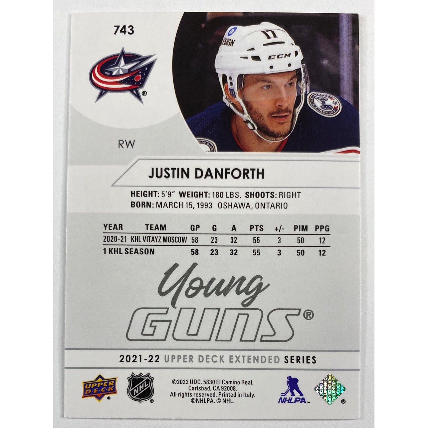 2021-22 Upper Deck Extended Series Justin Danforth Young Guns | Local Legends Cards & Collectibles