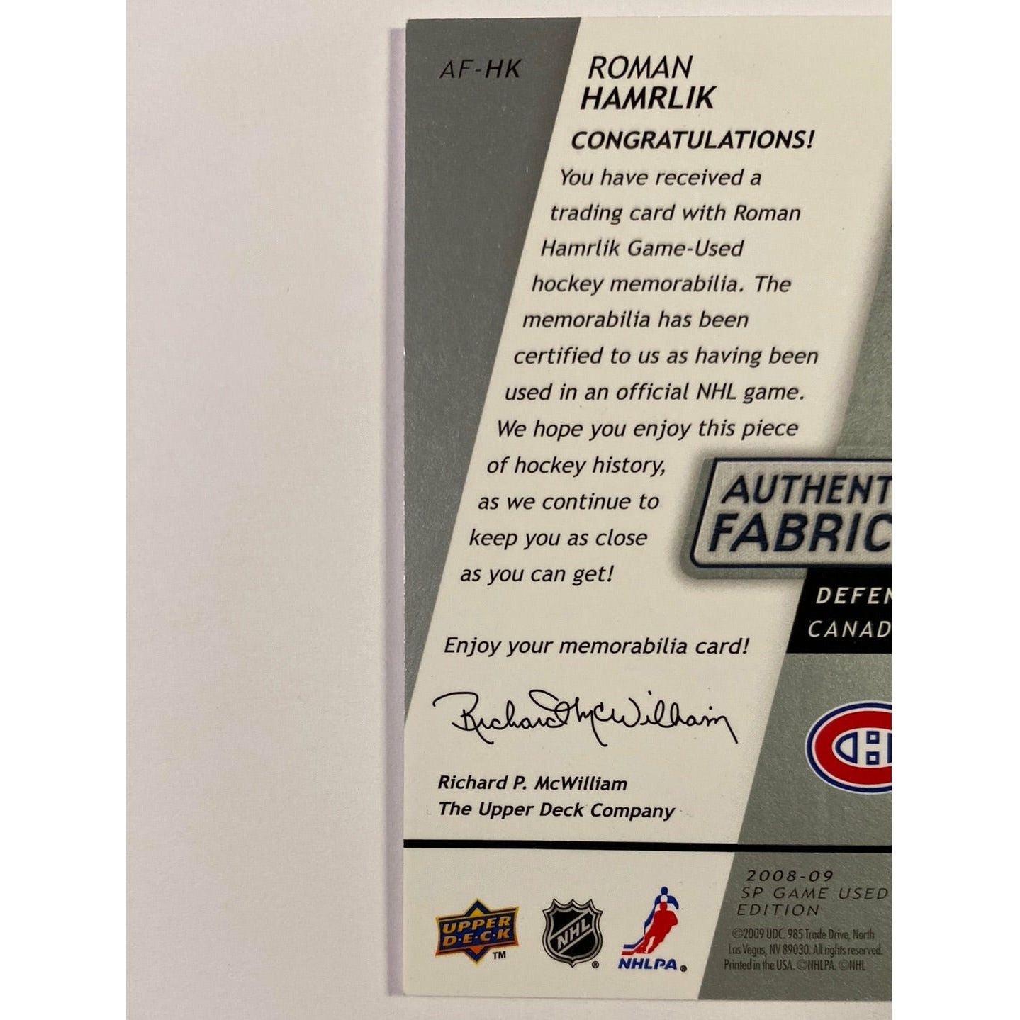 2008-09 SP Game Used Roman Hamrlik Authentic Fabrics | Local Legends Cards & Collectibles