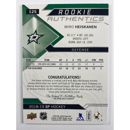 2018-19 SP Miro Heiskanen Rookie Authentics Patch