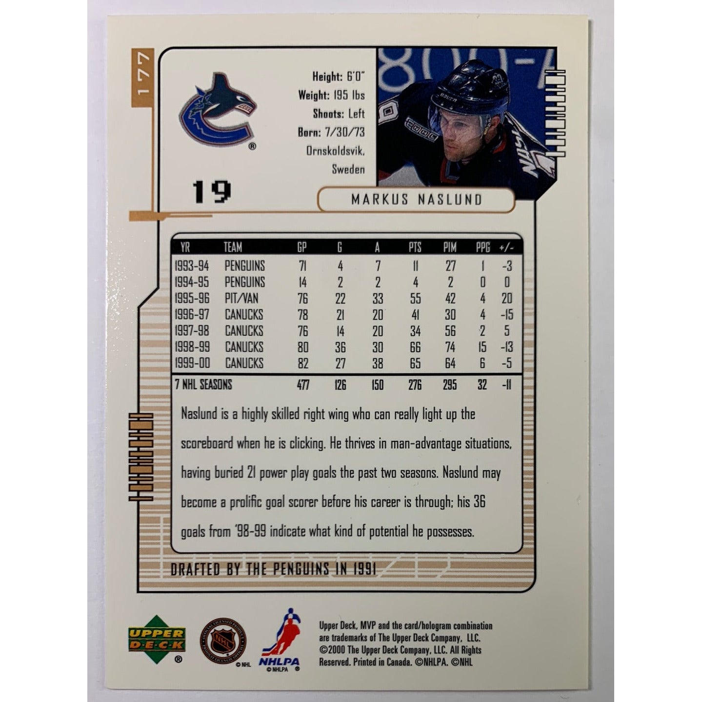 1999-00 Upper Deck Markus Naslund MVP | Local Legends Cards & Collectibles