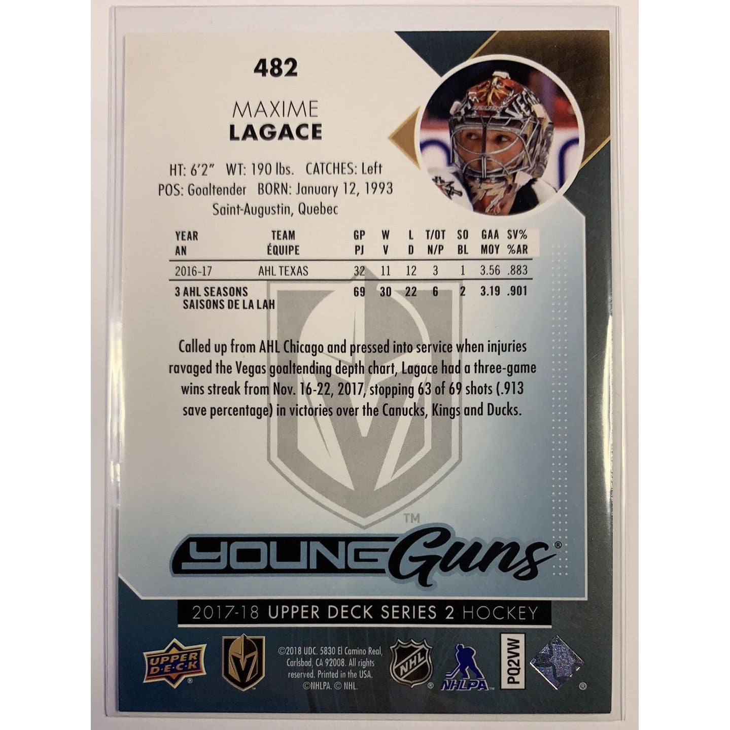 2017-18 Upper Deck Series 2 Máxime Lagace Young Guns | Local Legends Cards & Collectibles