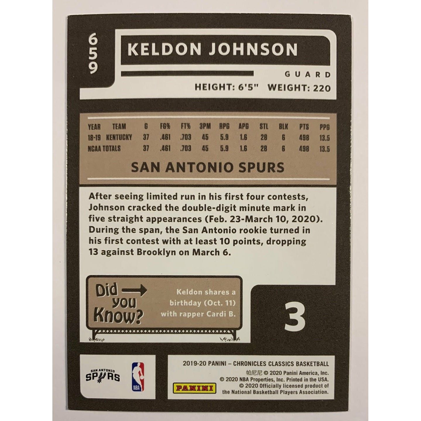 2019-20 Chronicles Classics Keldon Johnson RC