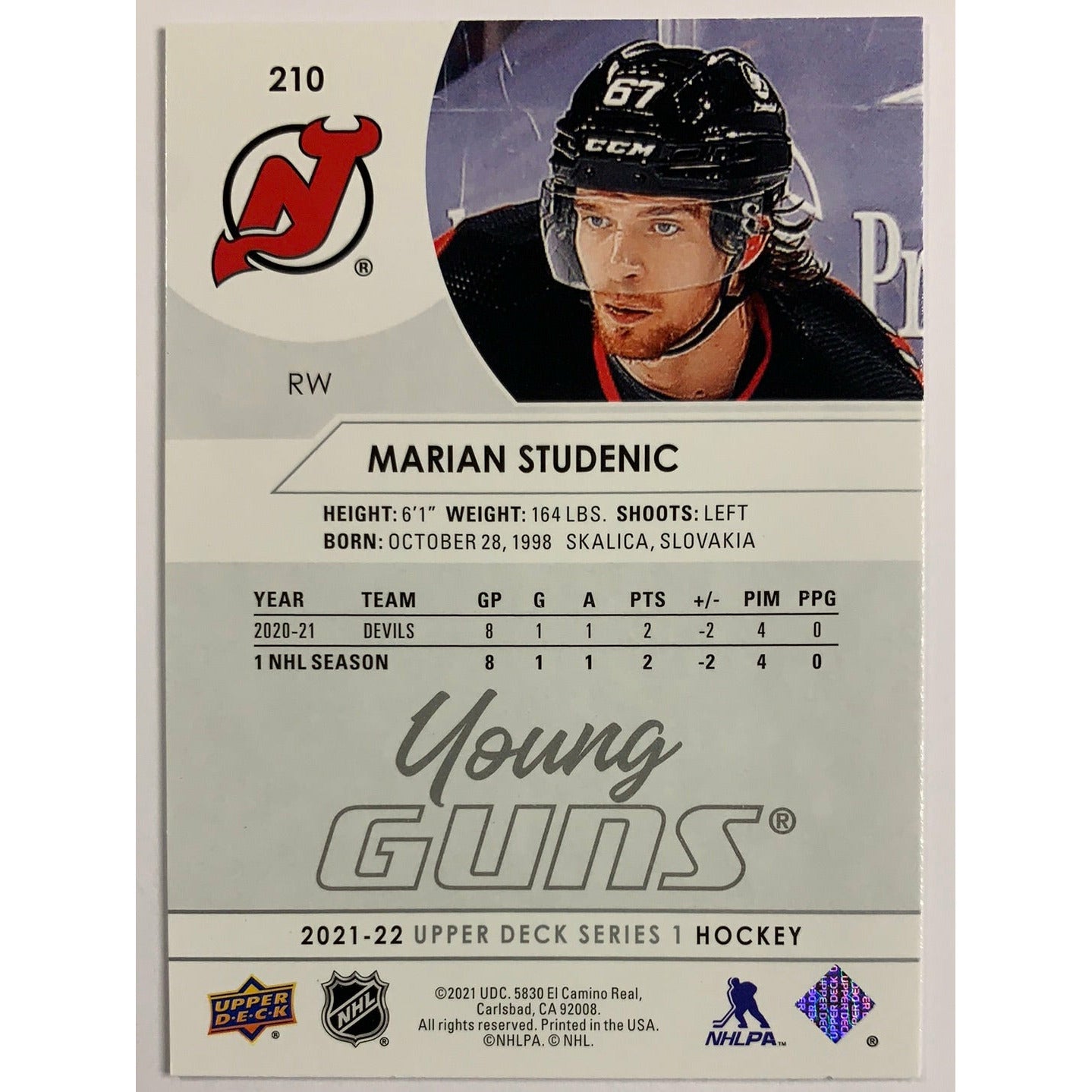 2021-22 Upper Deck Series 1 Marian Studenic Young Guns