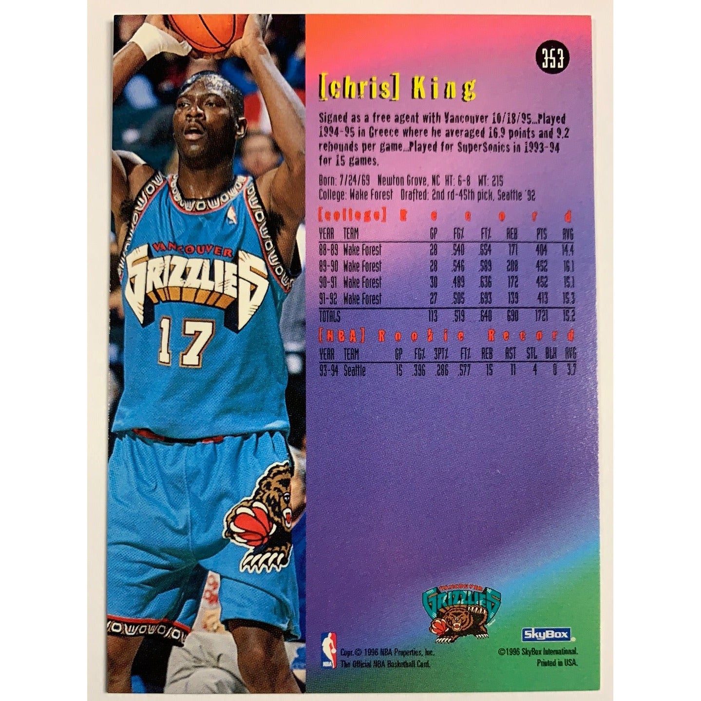 1996 Hoops Chris King Base #353-Local Legends Cards & Collectibles