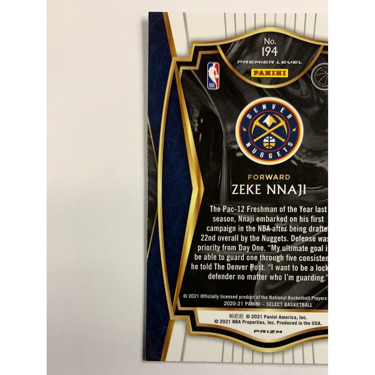 2020-21 Select Premier Level Zeke Nnaji Blue White and Purple Cracked Ice Prizm RC | Local Legends Cards & Collectibles