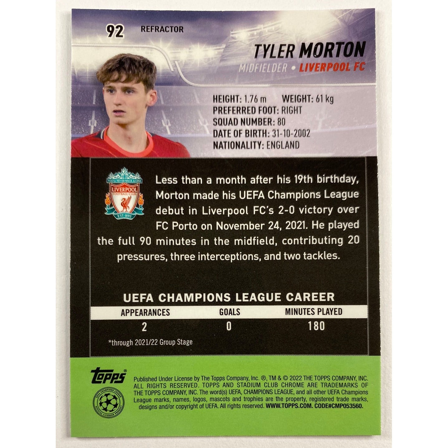 2022 Stadium Club Chrome Tyler Morton RC Refractor | Local Legends Cards & Collectibles