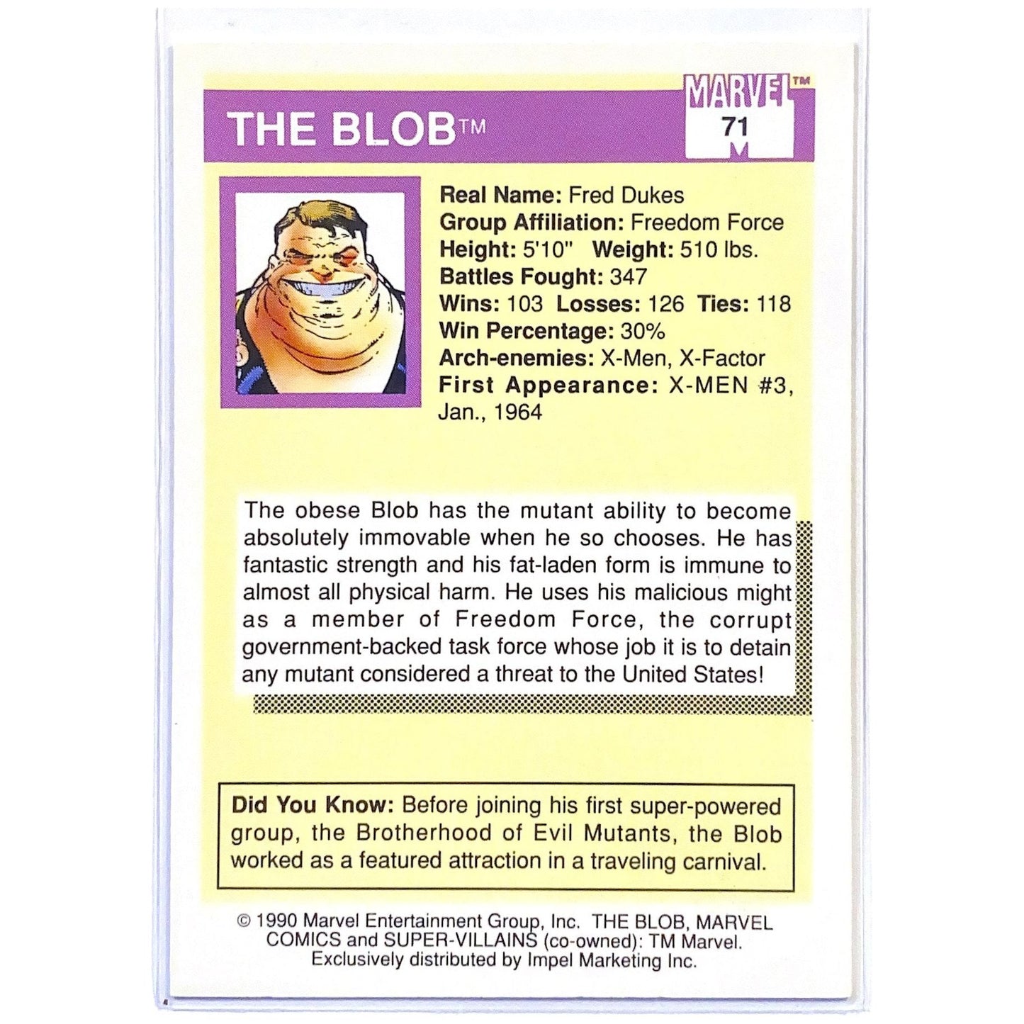 1990 Impel Marvel Comics Super-Villains Blob #71 Local Legends Cards & Collectibles