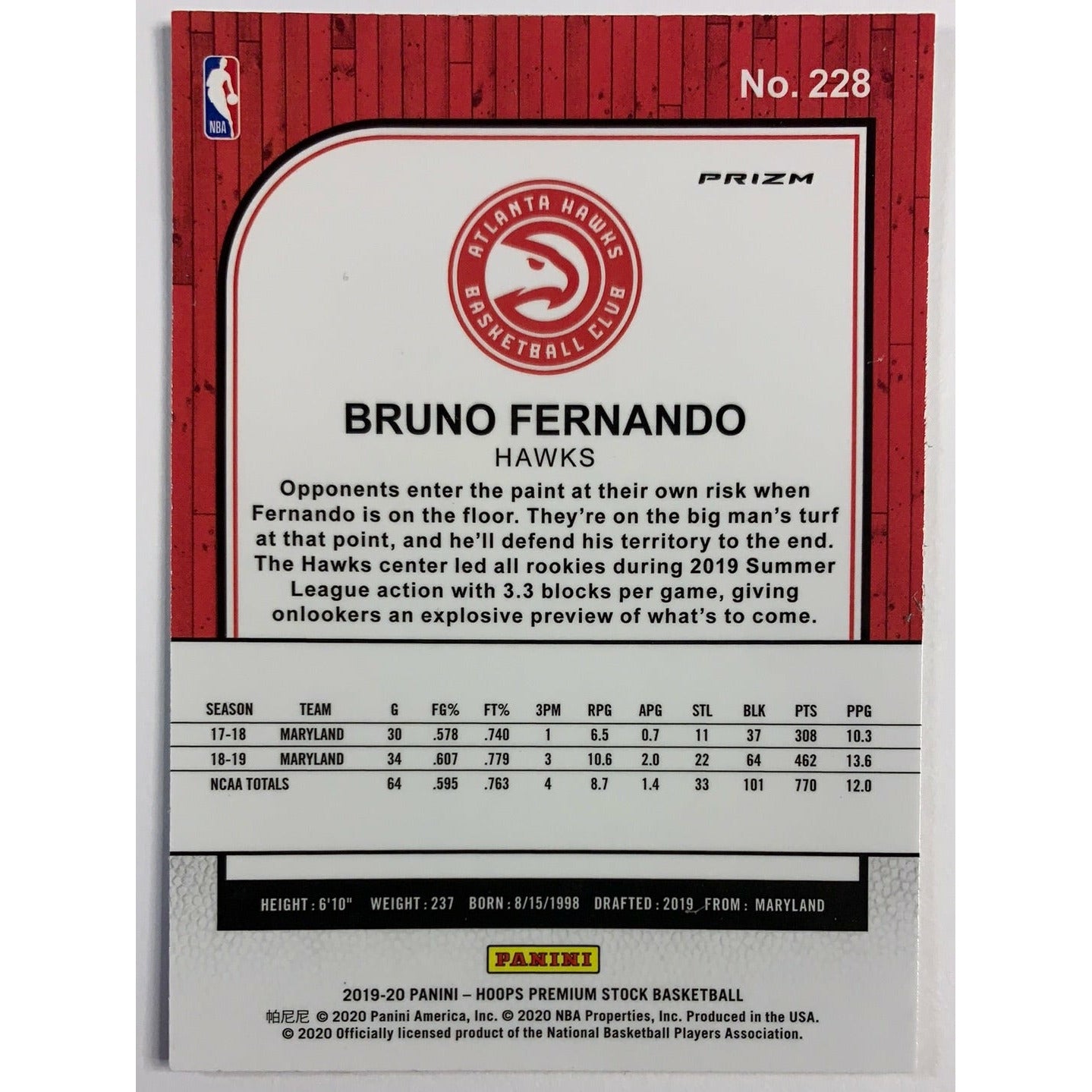 2019-20 Hoops Premium Stock Bruno Fernando Green Prizm Refractor