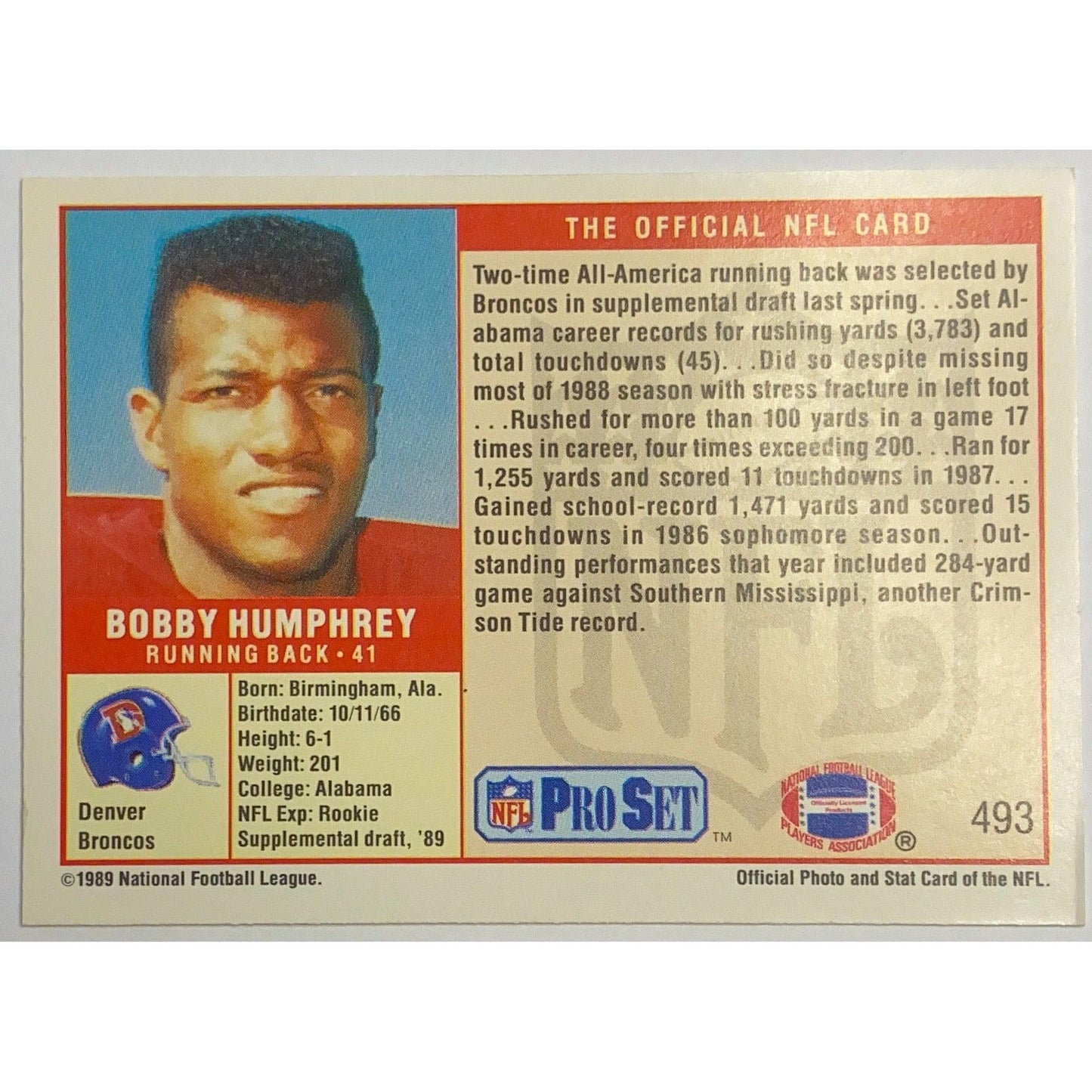 1989 Pro Set NFL Bobby Humphrey No.1 Pick Rookie Prospect #493 | Local Legends Cards & Collectibles