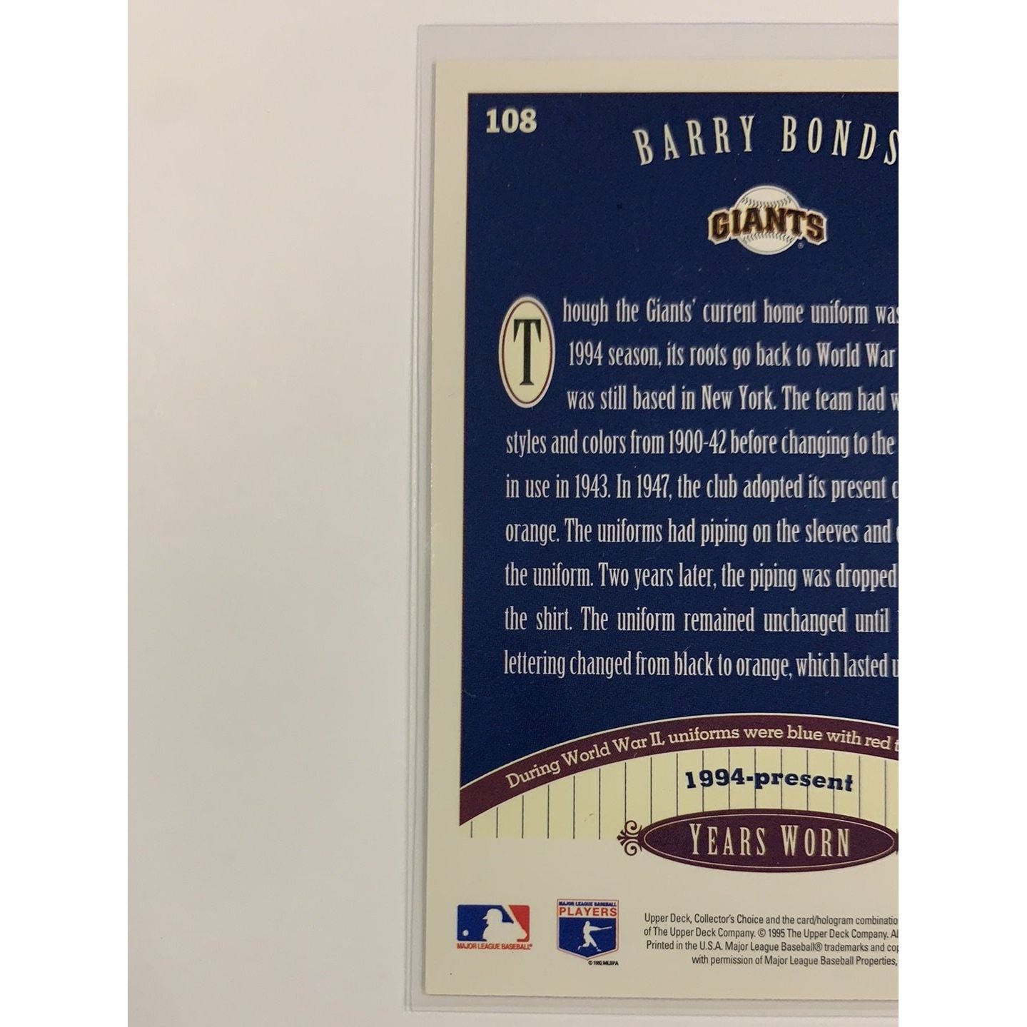 1995 Upper Deck Barry Bonds Traditional Threads | Local Legends Cards & Collectibles