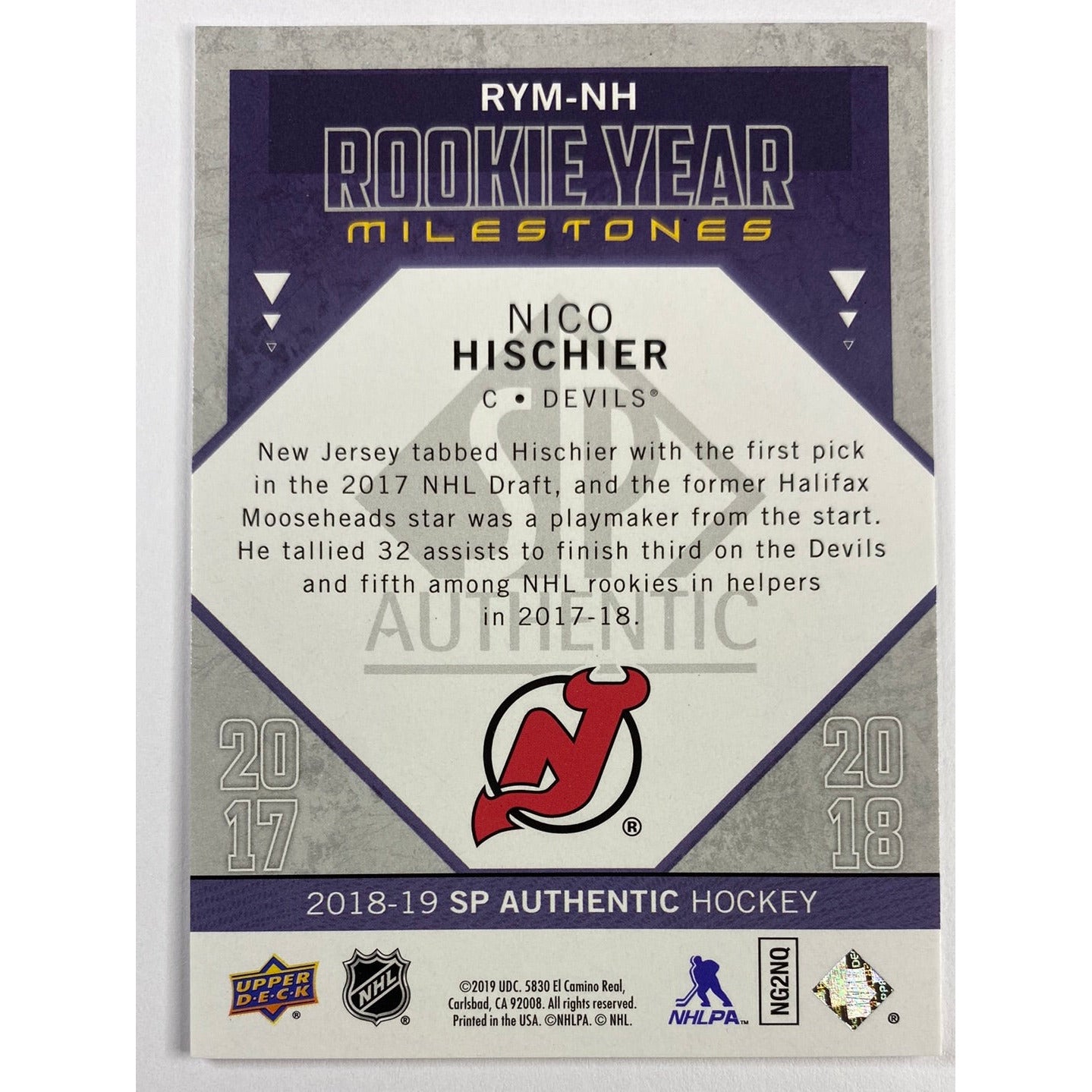 2018-19 SP Authentic Nico Hischier Rookie Year Milestones | Local Legends Cards & Collectibles