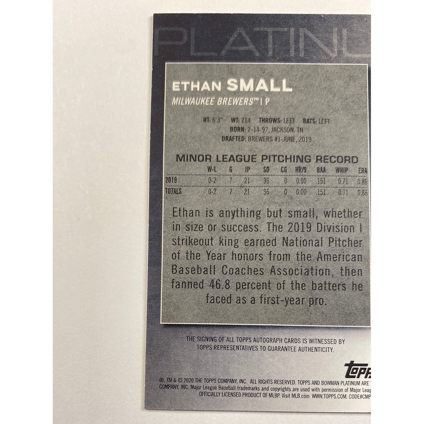 2020 Bowman Platinum Ethan Small Bronze Foil Auto /25 | Local Legends Cards & Collectibles
