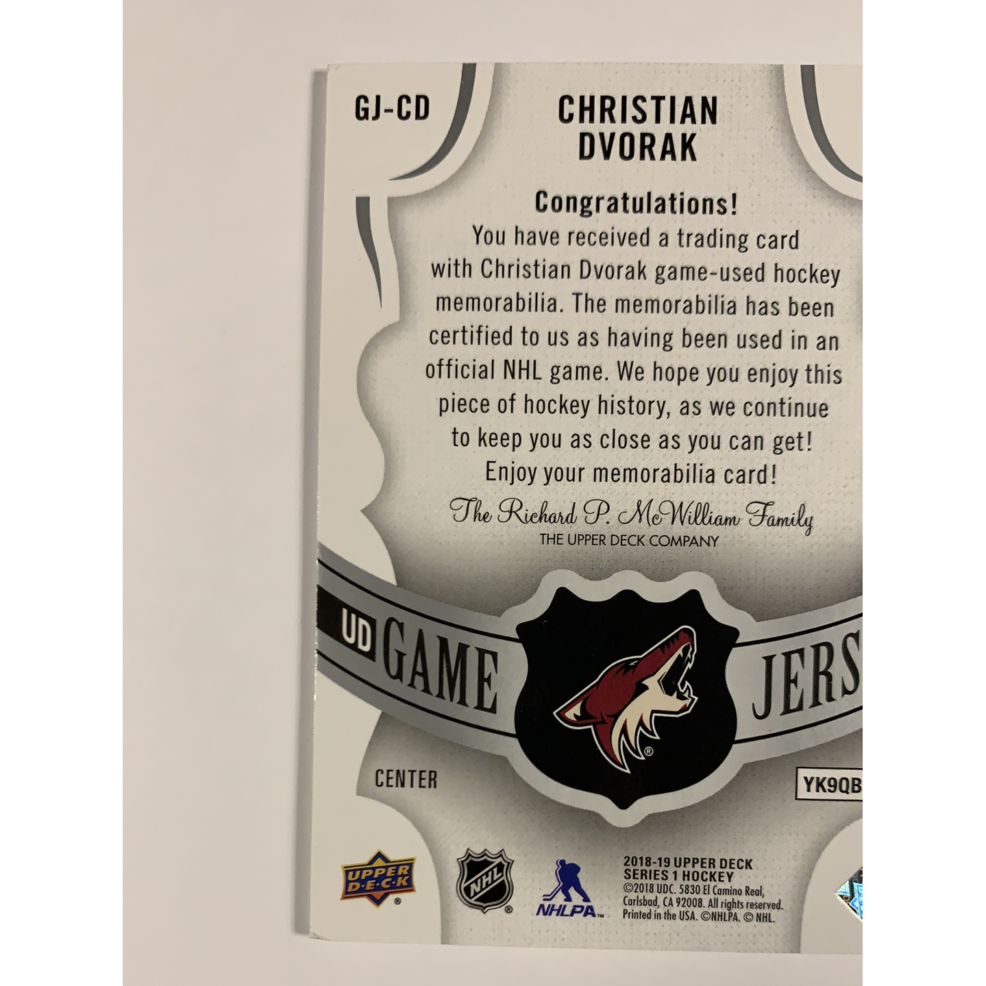 2018-19 Upper Deck Christian Dvorak Game Jersey | Local Legends Cards & Collectibles