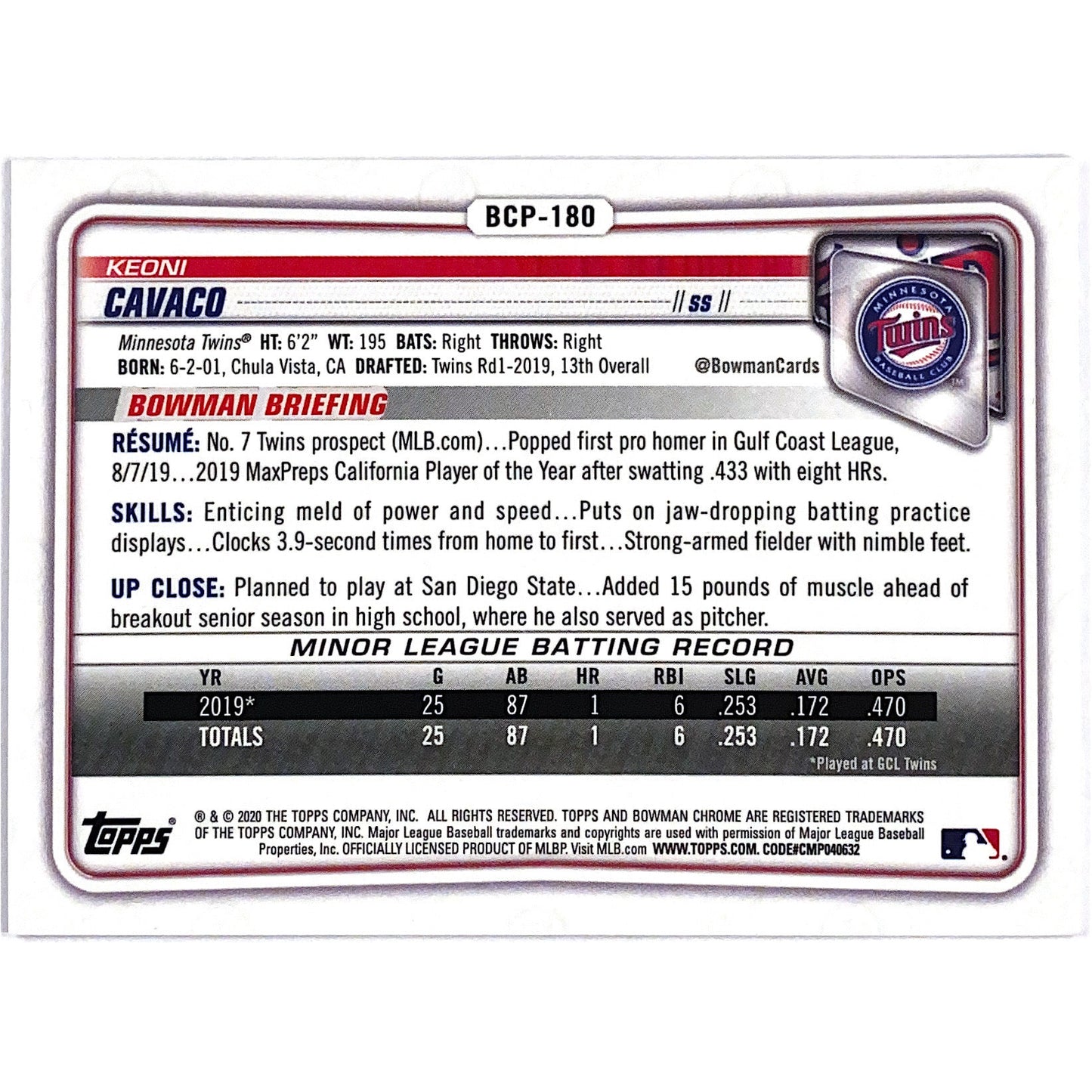 2020 Bowman Chrome Keoni Cavaco Prospect Blue Refractor /150 | Local Legends Cards & Collectibles