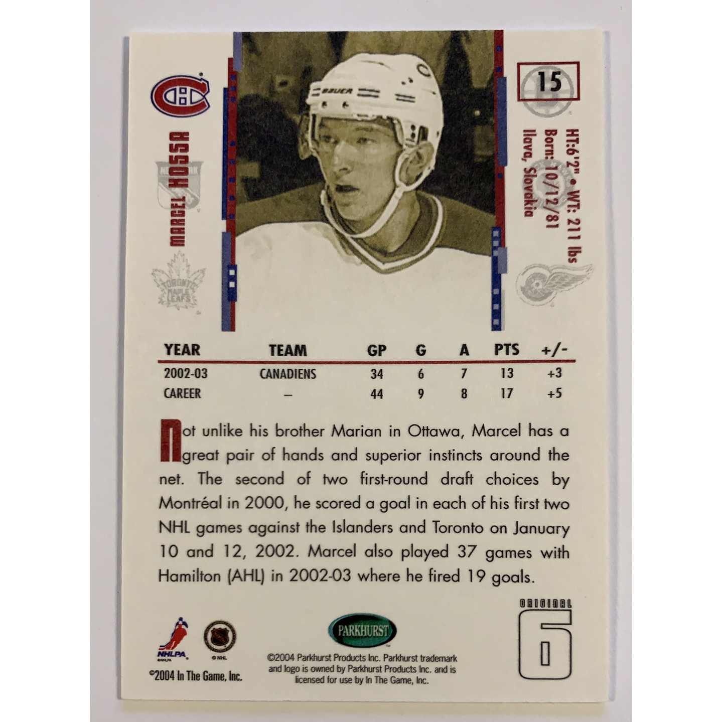 2004-05 Parkhurst Original Six Marcel Hossa 01/10 Spring Expo Local Legends Cards & Collectibles
