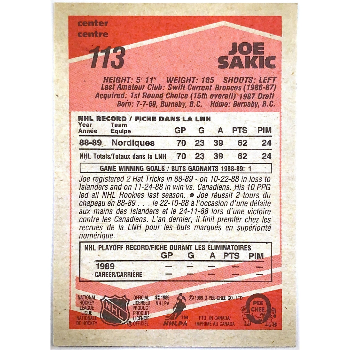 1989-90 O-Pee-Chee Joe Sakic RC | Local Legends Cards & Collectibles