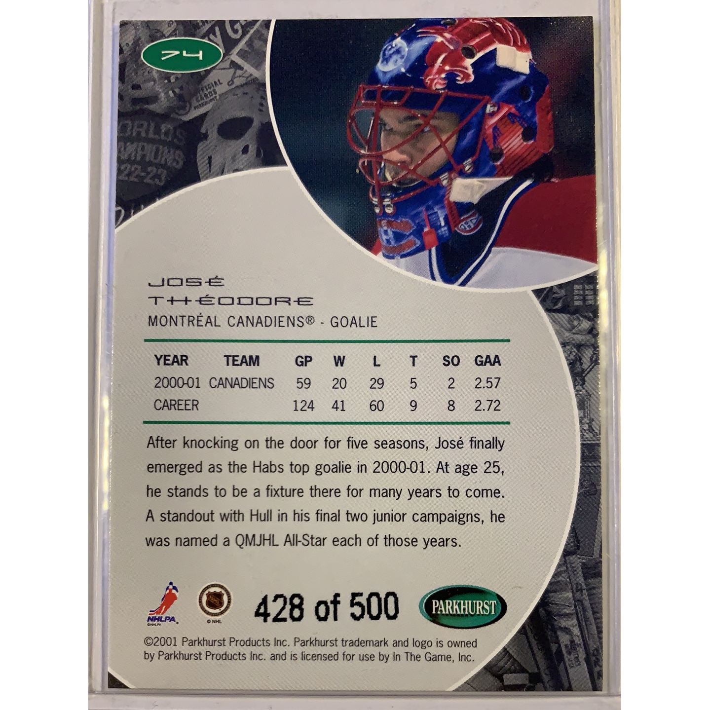 2001-02 Parkhurst Jose Theodore Silver Foil /500 Local Legends Cards & Collectibles