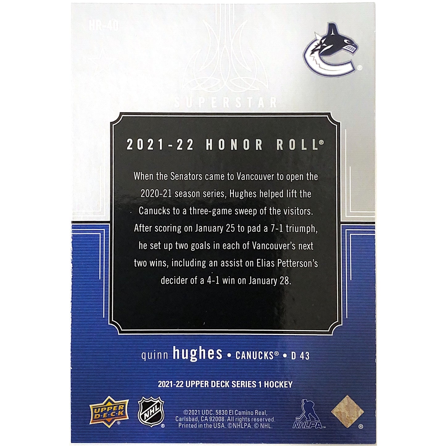 2021-22 Upper Deck Series 1 Quinn Hughes Honor Roll | Local Legends Cards & Collectibles