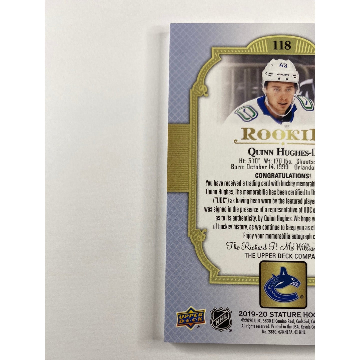2019-20 Stature Quinn Hughes Rookie Patch Auto 12/33 | Local Legends Cards & Collectibles