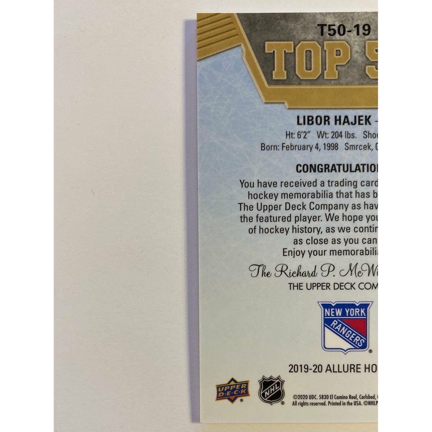 2019-20 Allure Libor Hajek Top 50 Rookie Patch | Local Legends Cards & Collectibles