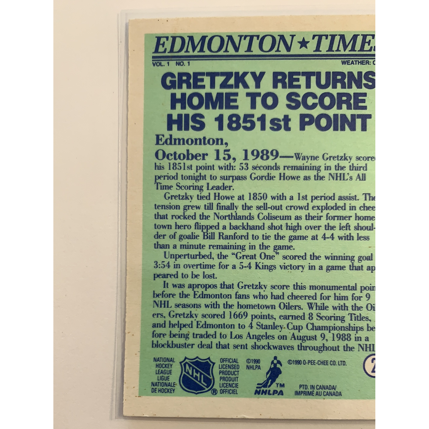 1989-90 O-Pee-Chee Wayne Gretzky Edmonton Times | Local Legends Cards & Collectibles