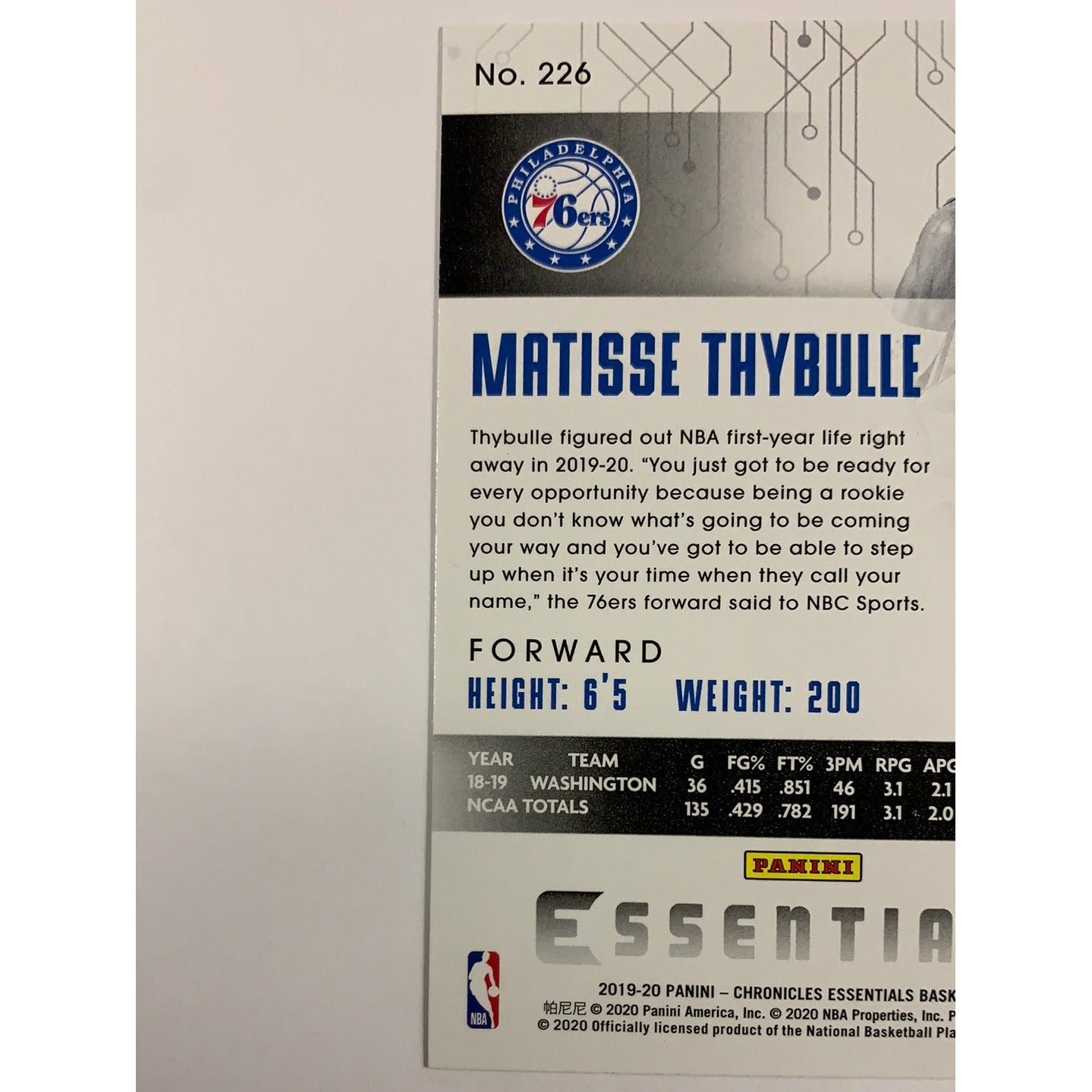 2019-20 Essentials Matisse Thybulle RC | Local Legends Cards & Collectibles