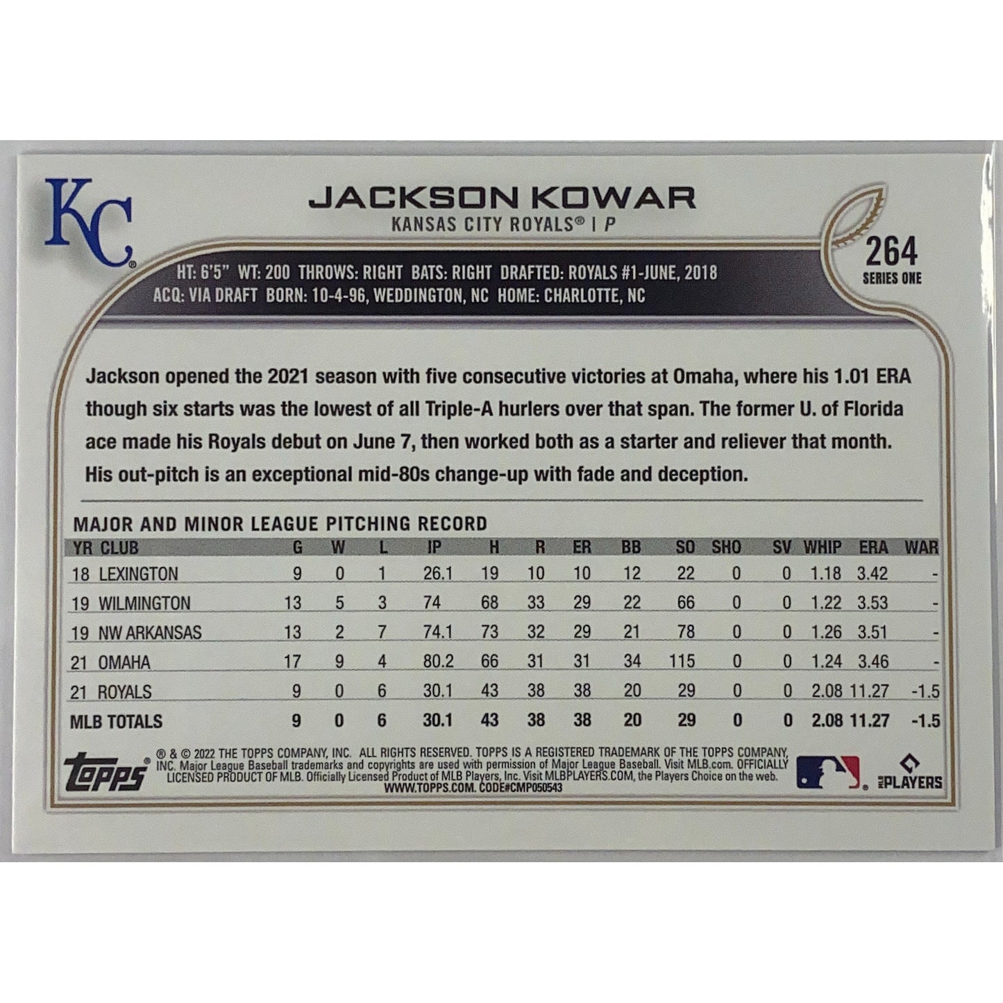 2022 Topps Series 1 Jackson Kowar Royal Blue Parallel RC | Local Legends Cards & Collectibles