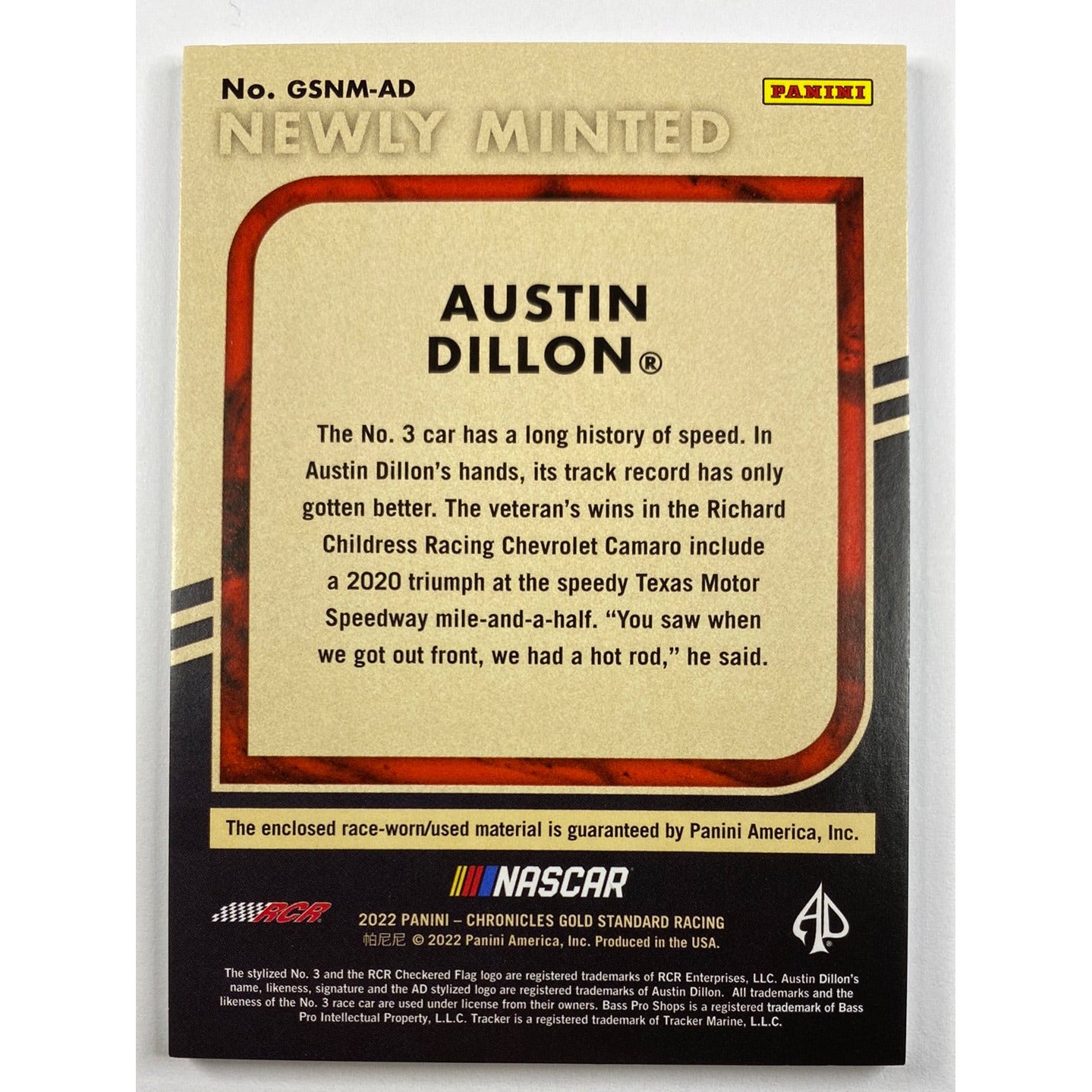 2022 Chronicles Gold Standard Austin Dillon Newly Minted Triple Race Worn/Used Patch