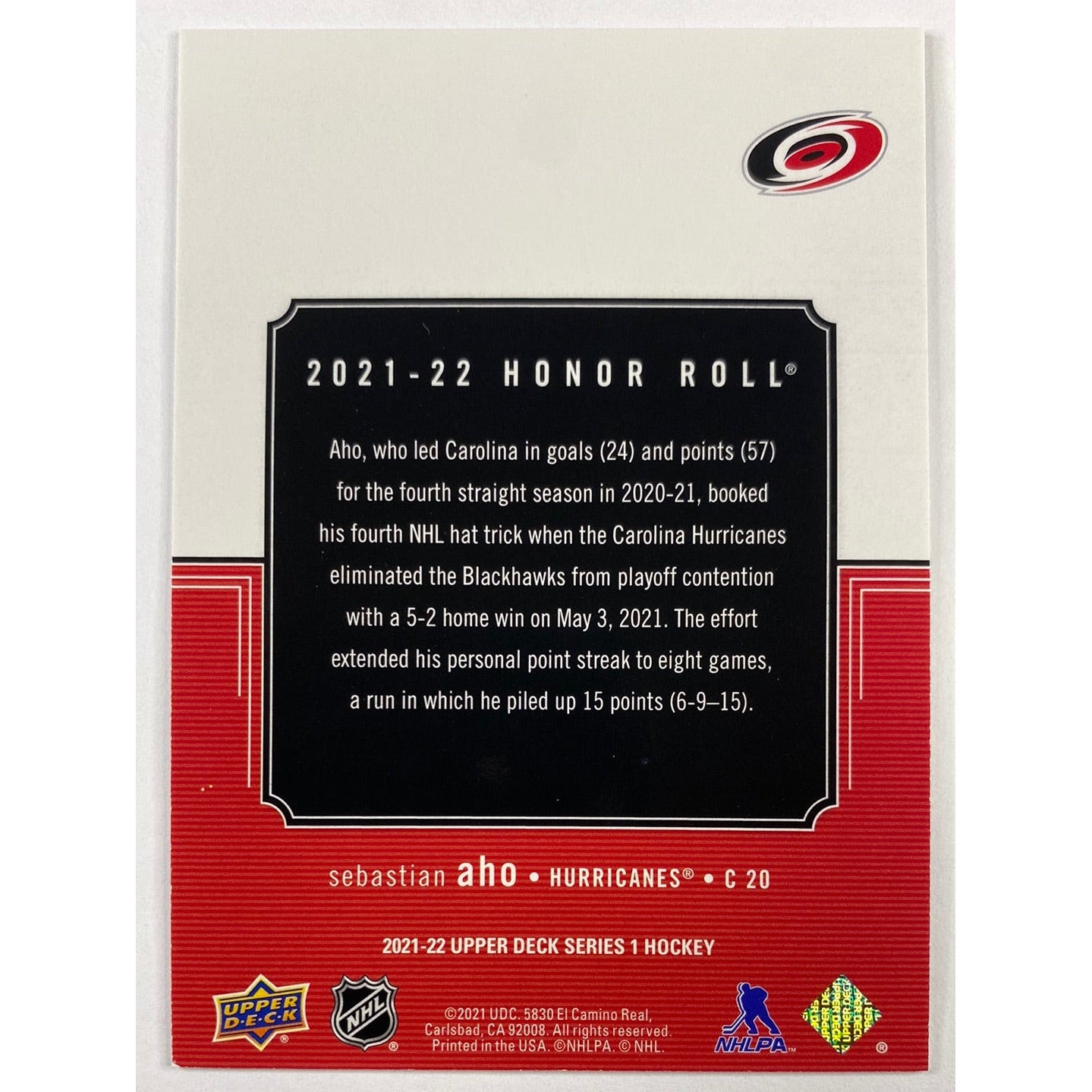 2021-22 Upper Deck Series 1 Sebastian Aho Honor Roll Foil /250 | Local Legends Cards & Collectibles