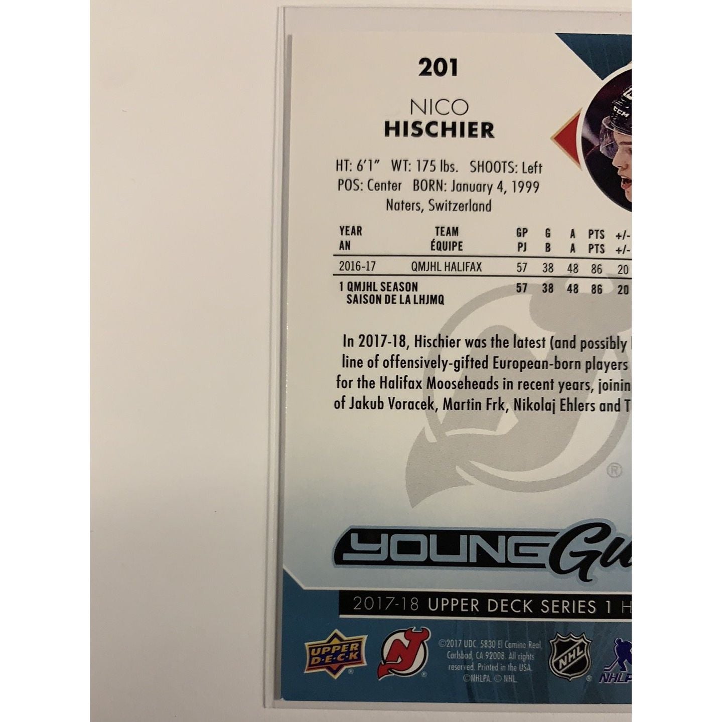 2017-18 Upper Deck Series 1 Nico Hischier Young Guns | Local Legends Cards & Collectibles
