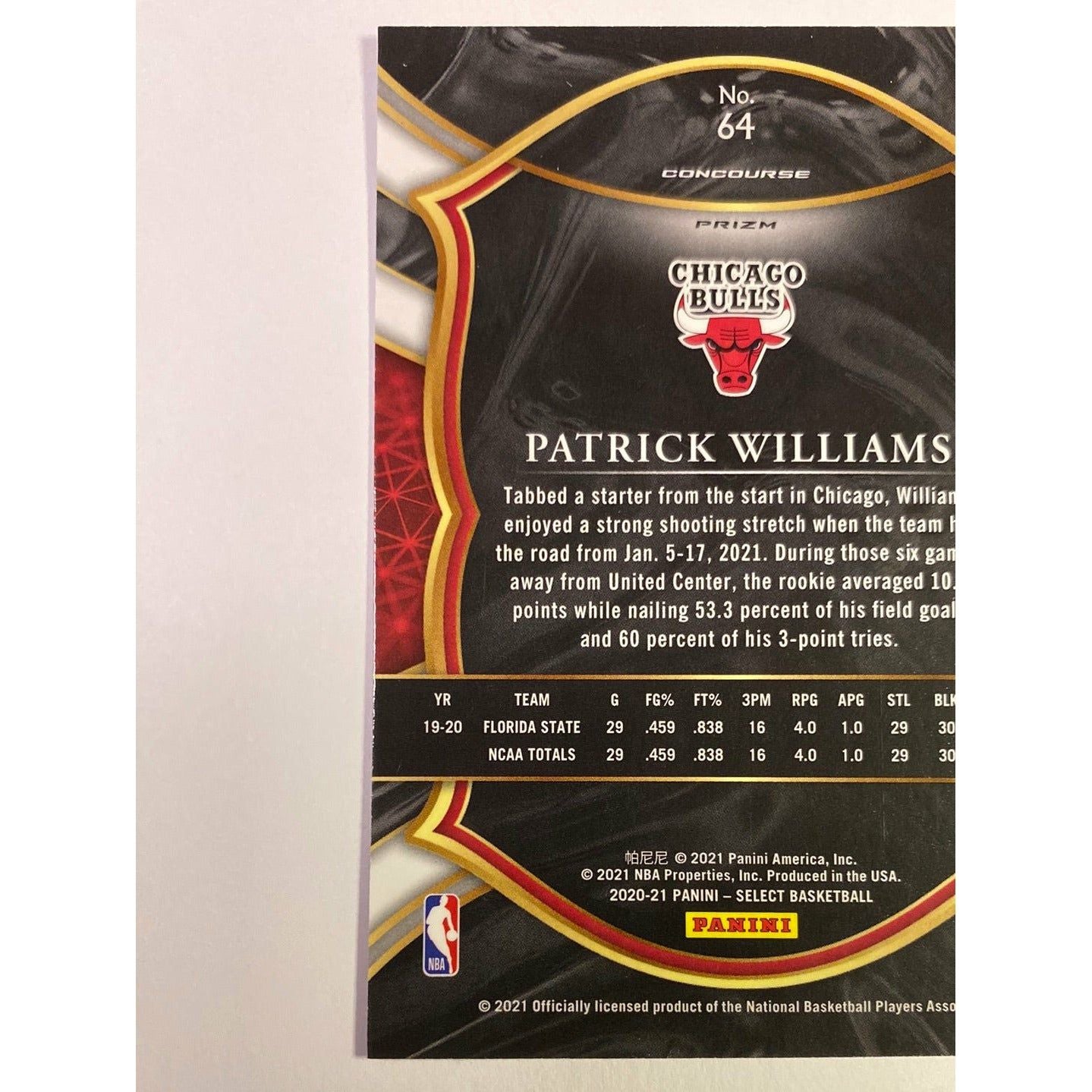 2020-21 Select Patrick Williams Concourse Level Blue Prizm SP RC | Local Legends Cards & Collectibles