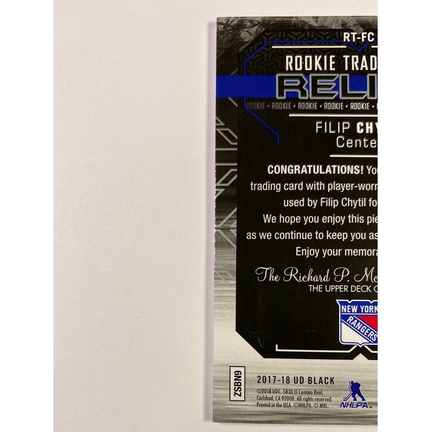 2017-18 UD Black Filip Chytil Rookie Trademarks Relics /299 | Local Legends Cards & Collectibles