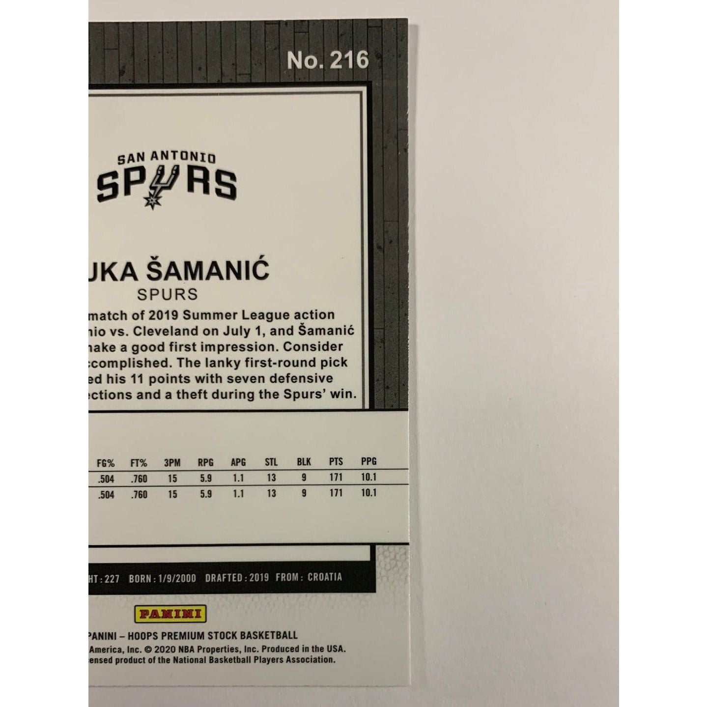 2019-20 Hoops Premium Stock Luka Samanic RC
