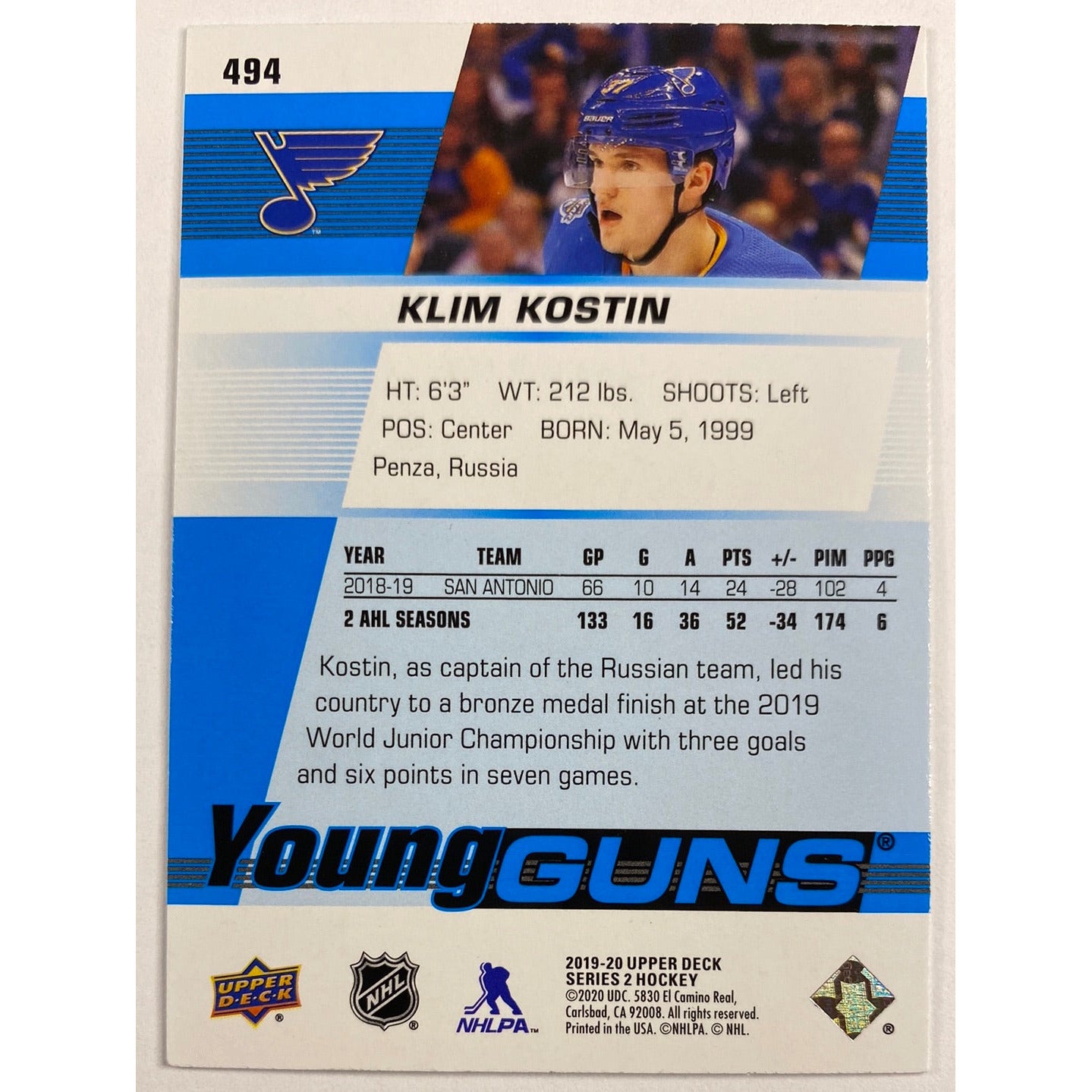 2019-20 Upper Deck Series 2 Klim Kostin Young Guns | Local Legends Cards & Collectibles