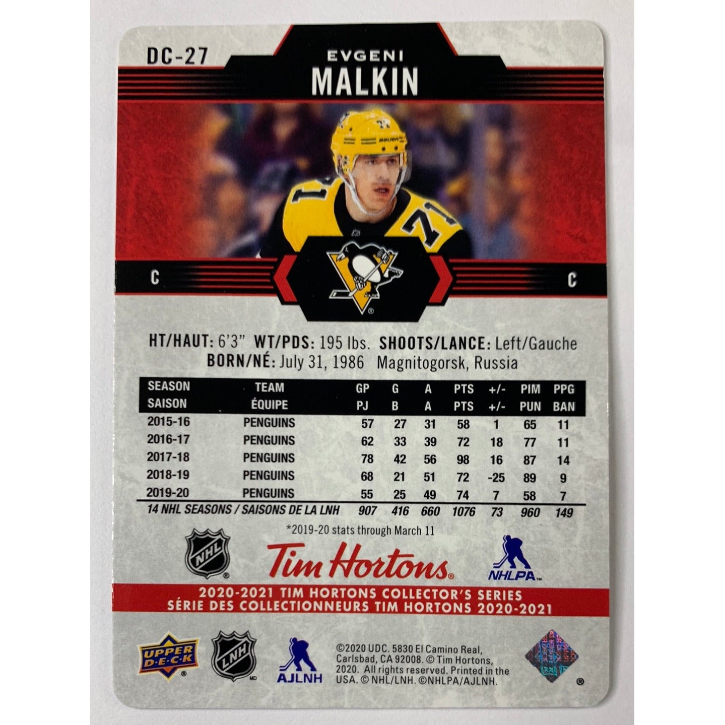 2020-21 Tim Hortons Evgeni Malkin Red Die Cut | Local Legends Cards & Collectibles
