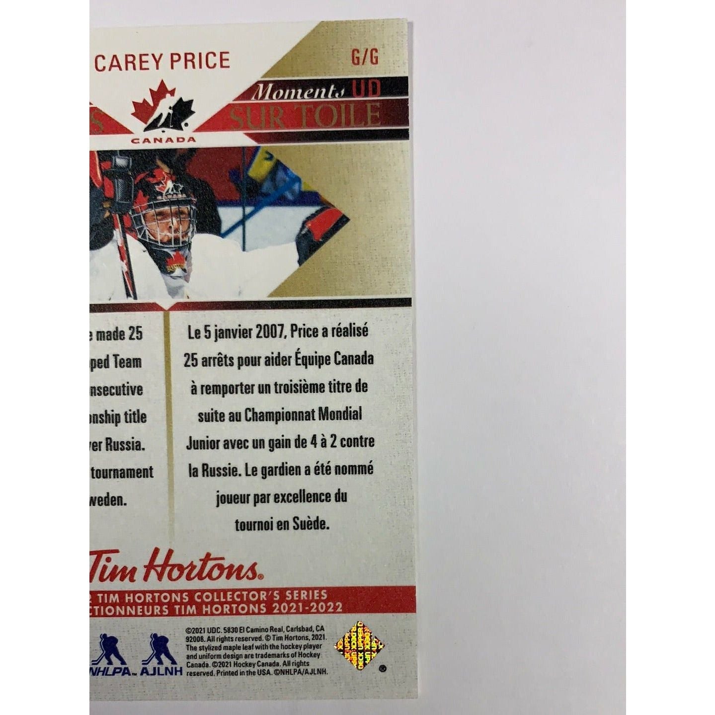 2021-22 Tim Hortons Carey Price Canvas Moments