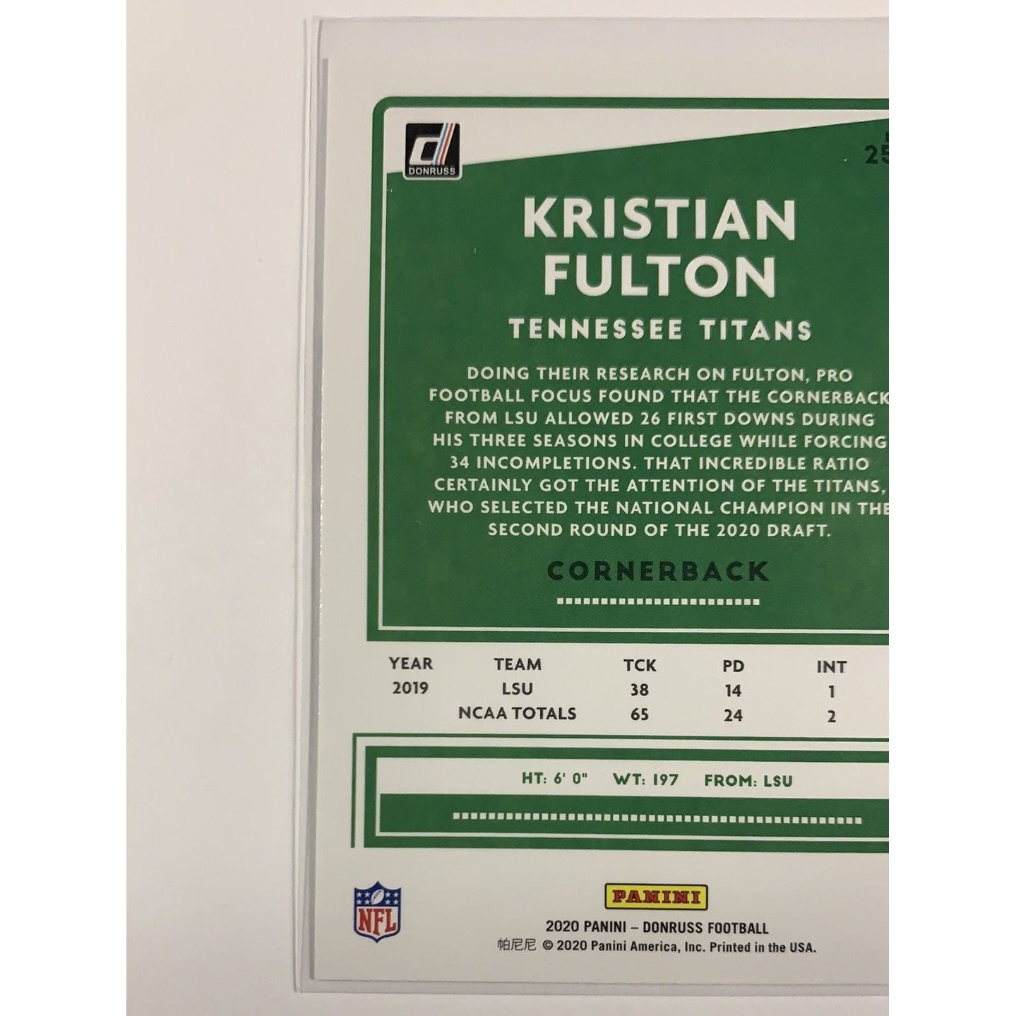 2020 Donruss Kristian Fulton RC | Local Legends Cards & Collectibles